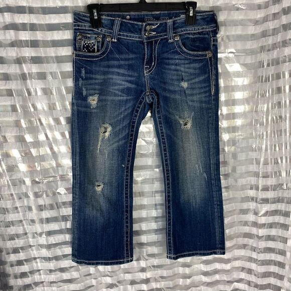 Miss Me Distressed Rhinestone Cropped Capri Jeans - Picture 1 of 7